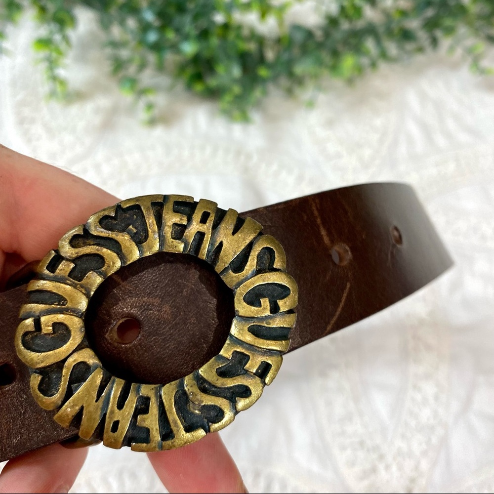 RARE Guess Jeans Vintage Brass Buckle Spell Out Logo Brown Leather Belt